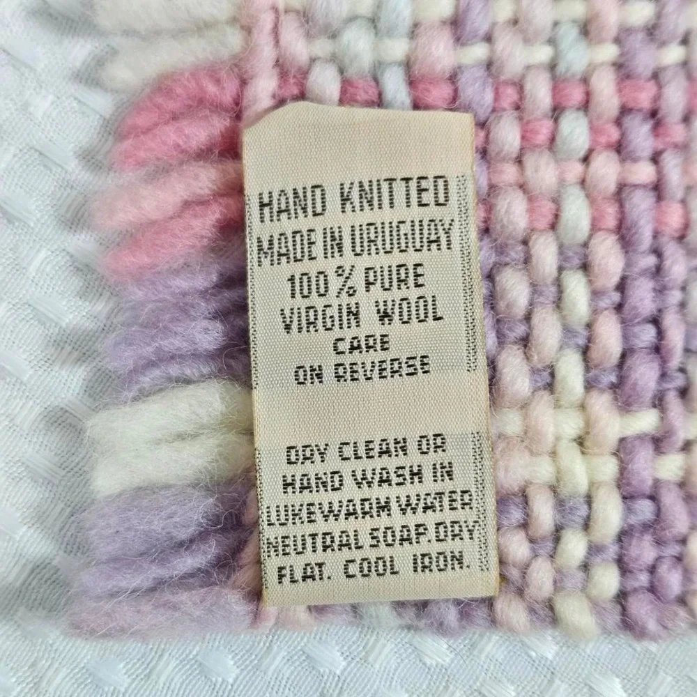 Hand Knit Womens 100% Pure Virgin‎ Wool Scarf Pink Purple Cream Uruguay 5.5 Feet
